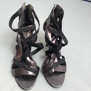 Carlos Santana Nouvelle pewter and black strappy heels